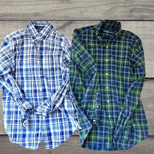 Ralph Lauren Shirt Men Size S Long Sleeve Shirt Plaid Checkered‎ Green LOT OF 2.